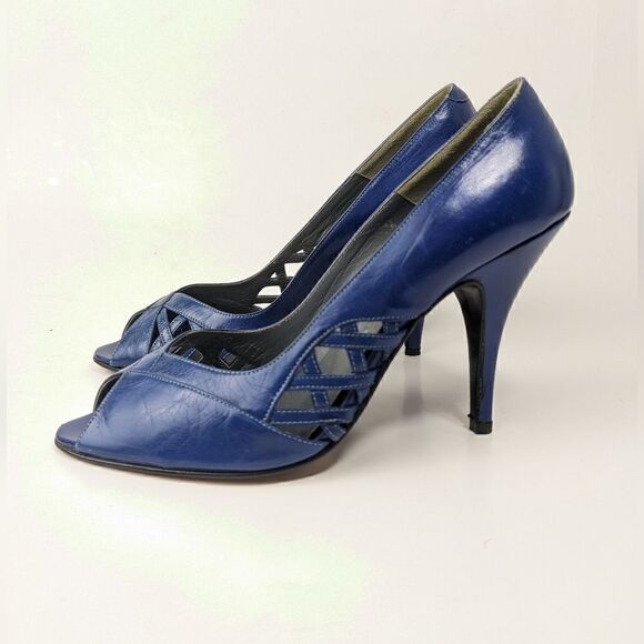 cobalt blue low heel italian leather shoe peep toe vintage size 5 retro fancy - Picture 2 of 10